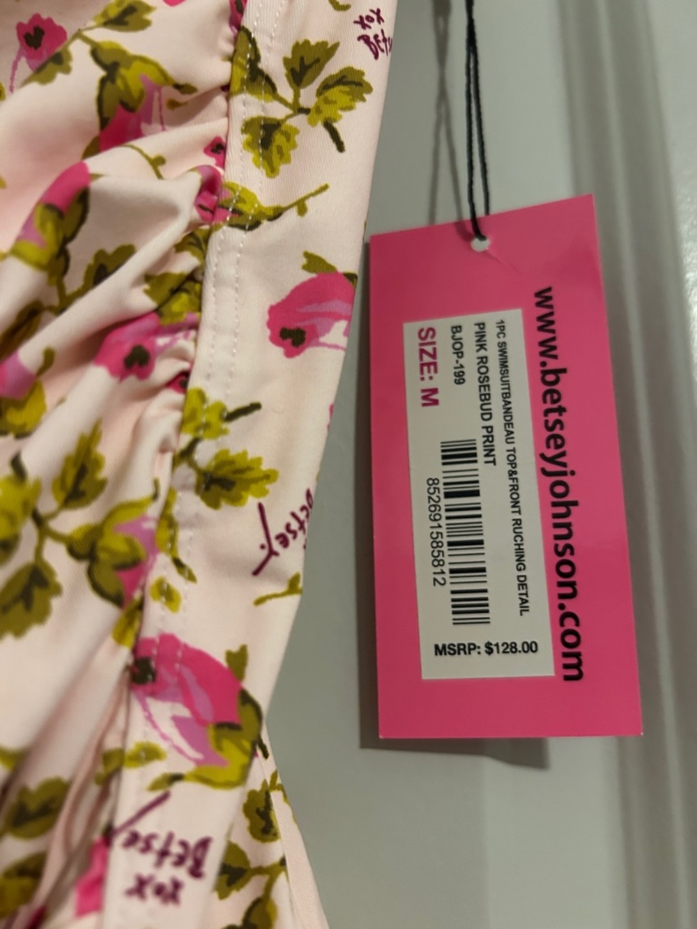 Betsey Johnson Floral Print Ruched swimsuit ROSES ROSE ROSEBUDS PINK SZ M NEW! - Picture 4 of 9